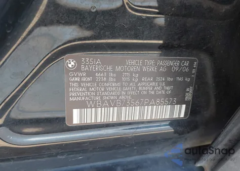 2007 BMW 335I z USA, uszkodzony, nr VIN WBAVB73567PA85573